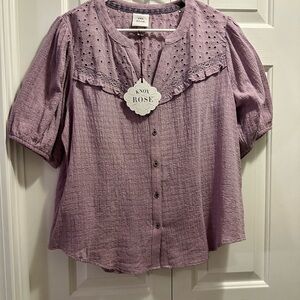 Knox Rose Purple Puff Sleeve Blouse with Ruffled Bib Collar